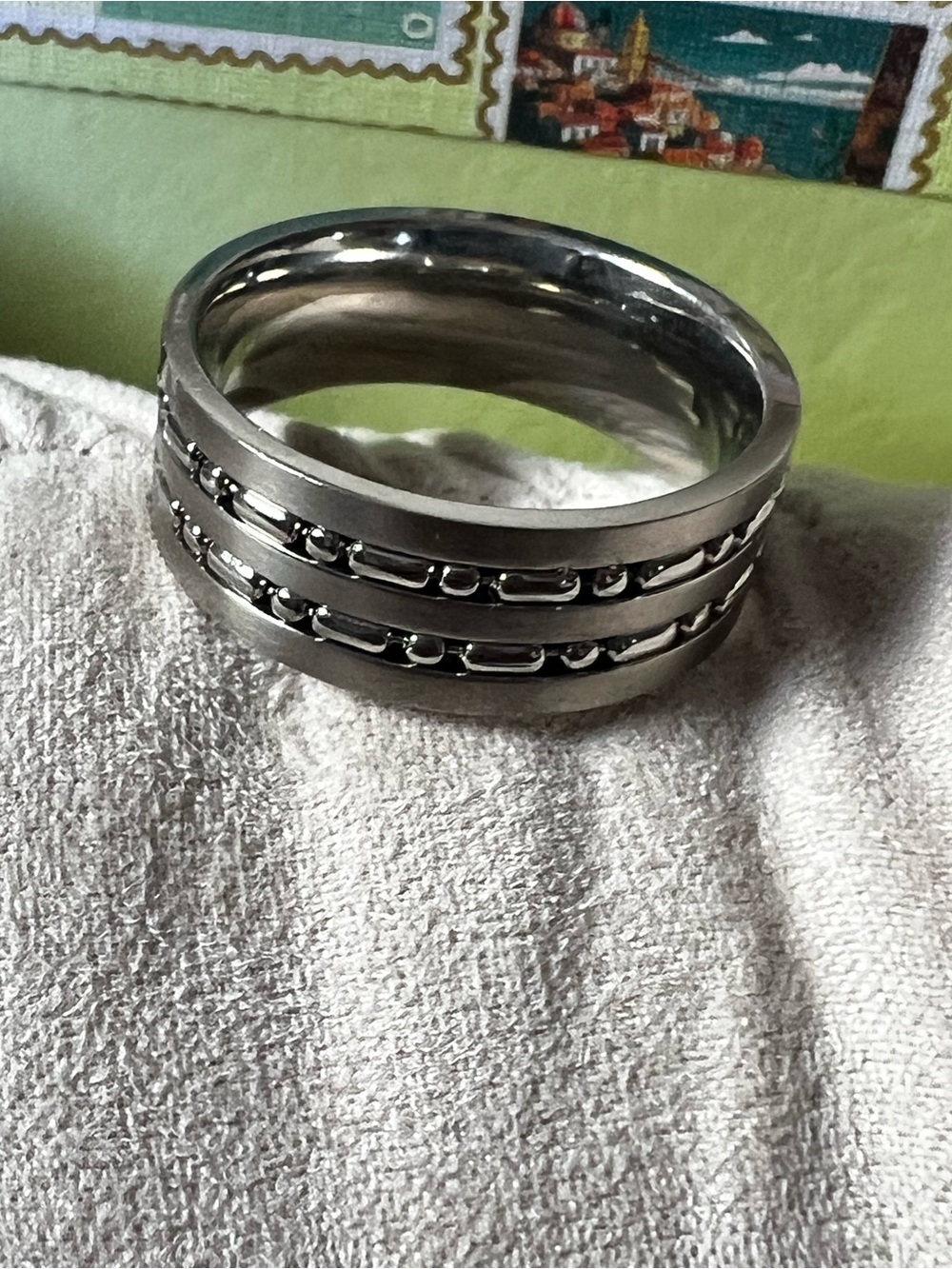 Mens Ring Size 10 Brushed Stainless Steel Triple Channel Inlay Band #1020 - Picture 3 of 3